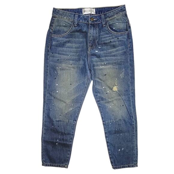 WILDFOX Relaxed Loose Baggy Crop Boyfriend Jeans Paint Splatter Size 24 - Picture 1 of 13